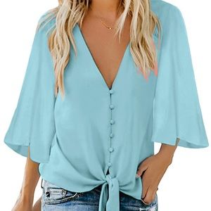Women's Casual V Neck Tops 3/4 Sleeve Tie Knot